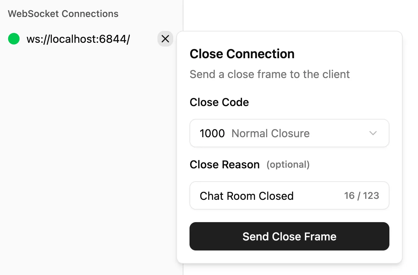Socket Inspector's close connection form, showing fields to select a close code and enter a close reason