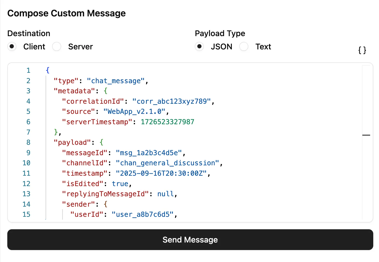 Socket Inspector's text editor inside DevTools showing JSON editing with a built‑in formatter